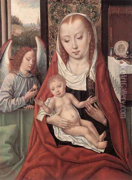 Virgin and Child with an Angel 1480-1500 Oil Painting - Master of the Legend of St. Ursula