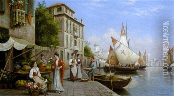 Marchandes De Legumes Sur Les Bords Du Grand Canal A Venise Oil Painting - Arthur Trevor Haddon
