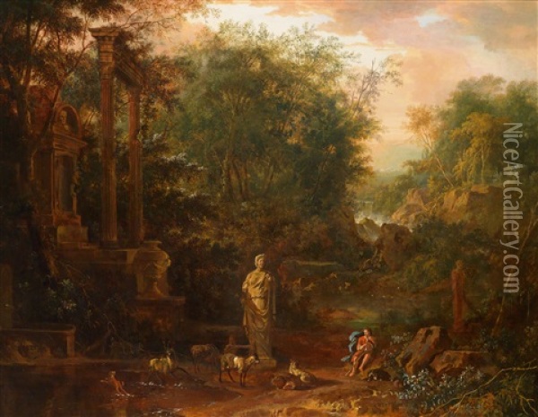 Ein Hirte Musiziert In Arkadischer Landschaft Vor Den Ruinen Eines Heiligtums, Im Hintergrund Ein Wasserfall Oil Painting - Frederick De Moucheron