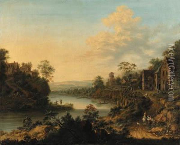 A River Landscape With A Hamlet And Peasants On A Path Oil Painting - Johann Christian Vollerdt or Vollaert