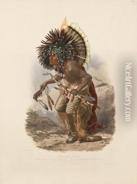 Pehriska-ruhpa. Moennitarri Warrior In The Costume Of The Dog Danse. [tab. 23]. Oil Painting - Karl Bodmer