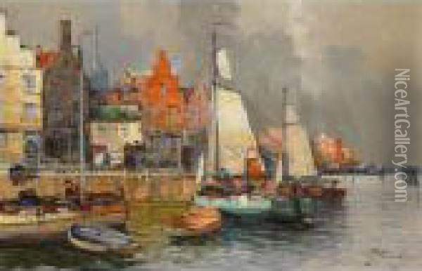 Busy Port With Fishing Boats And Villagers Oil Painting - Georg Fischof