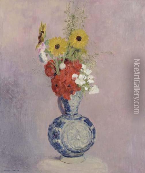 Bouquet De Fleurs Dans Un Vase Bleu Oil Painting - Odilon Redon