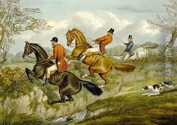 Scrambling Over a Hedge, plate from 'The Right and The Wrong Sort', in Fores Hunting Sketches 1859 Oil Painting - Henry Thomas Alken
