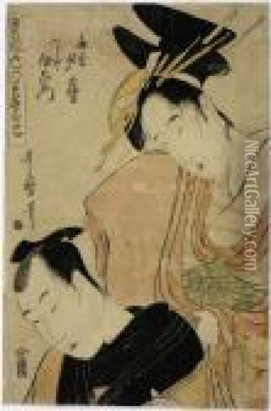 Ogiya Yugiri And Fujiya Izaemon Oil Painting - Kitagawa Utamaro