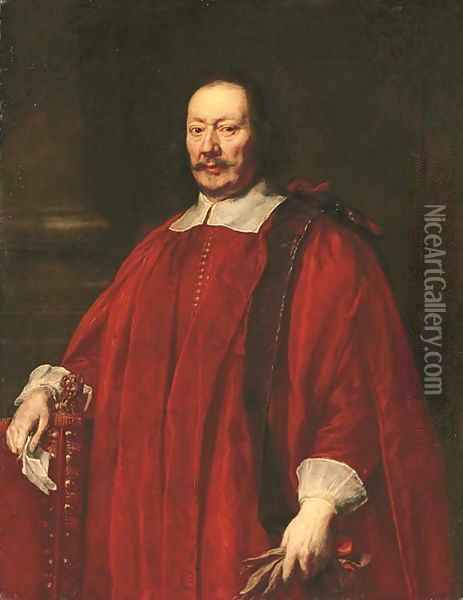 Portrait of a gentlemen, three-quarter-length, in crimson robes of office, resting his right hand on a chair with a letter Oil Painting - Justus Sustermans