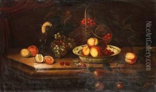 Peaches And Cherries In A Oil Painting - Heroman Van Der Mijn