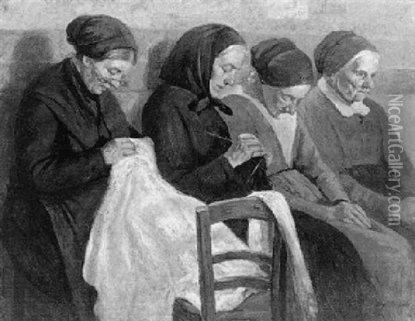 Quatre Femmes Dont Deux Travaillant Oil Painting - Jozef Israels
