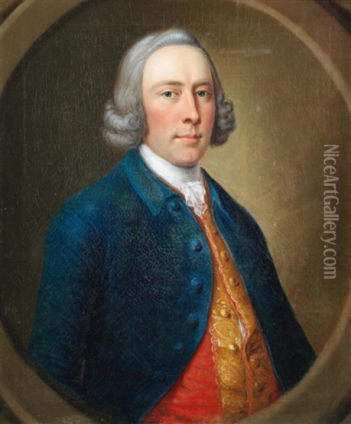 Portrait Of A Gentleman, Bust-length, In A Red Brocade Waistcoat And A Blue Coat, In A Painted Oval Oil Painting - Thomas Hudson