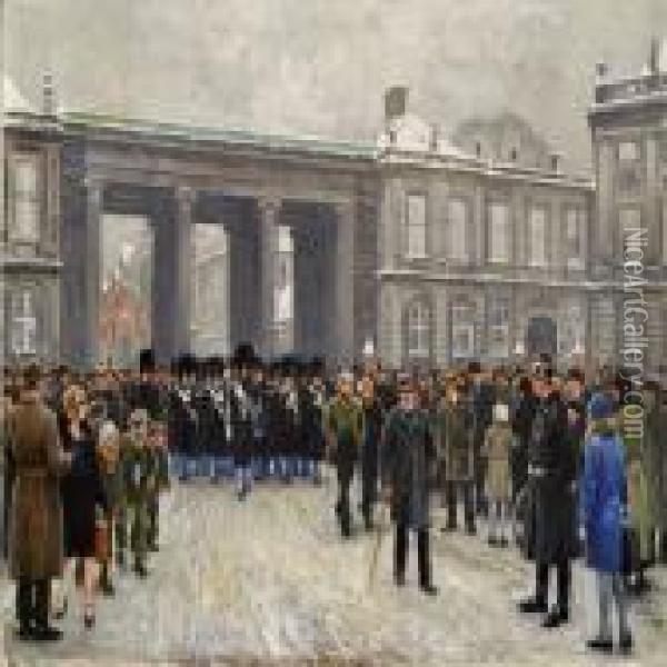 The King's Guards In Amalienborg Square Oil Painting - Paul-Gustave Fischer