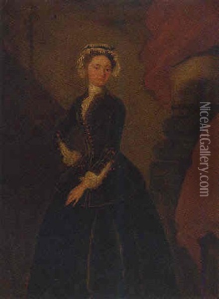 Portrait Of A Lady In A Dark Green Riding Habit, In An Interior Oil Painting - Charles Philips