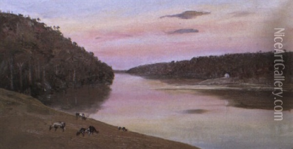 Shoalhaven River At Sunrise With Cattle Oil Painting - Arthur Merric Boyd