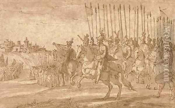 A general commanding a squadron of cavalry in the siege of a hill town Oil Painting - Antonio Tempesta