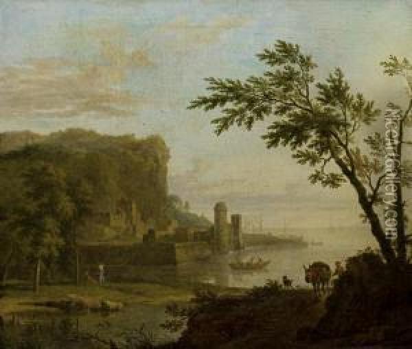 A Coastal Landscape With A 
Traveller And His Horse On A Path, A Walled Port In The Distance Oil Painting - Jan Van Huysum