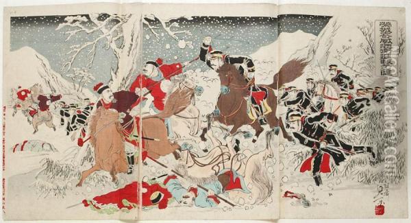 Veldslag In De Sneeuw Tijdens De Sino-japanse Oorlog Oil Painting - Watanabe Nobukazu