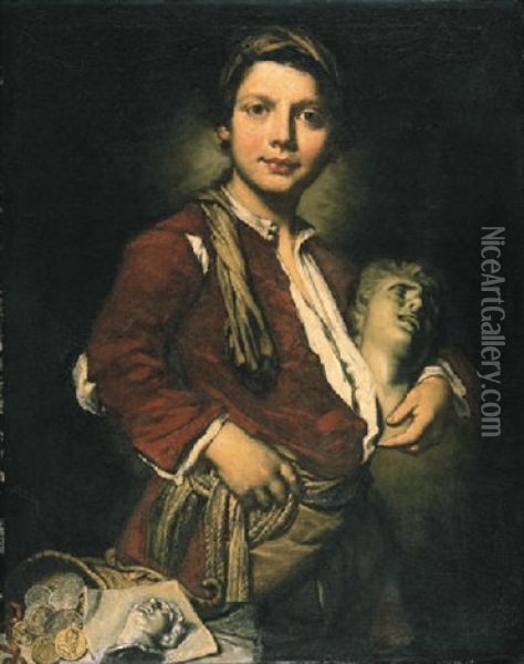 Portrait Of A Young Sculptor Holding A Bust Oil Painting - Vittore Giuseppe Ghislandi (Fra' Galgario)