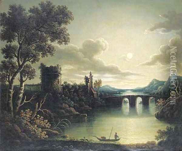 A moonlit watch tower by a river Oil Painting - Henry Pether