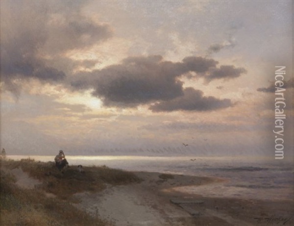 Beach At Sunset Oil Painting - Hermann Herzog