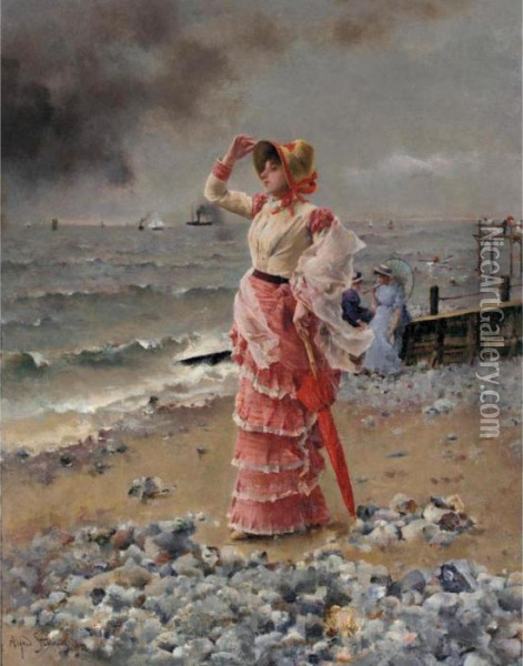 Femme Elegante Voyant Filer Un Vapeur Oil Painting - Aime Stevens