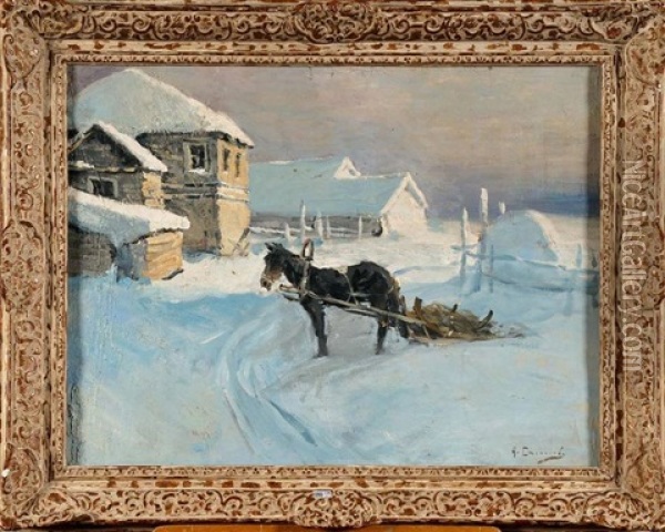 Village Russe Sous La Neige Oil Painting - Aleksei Stepanovich Stepanov