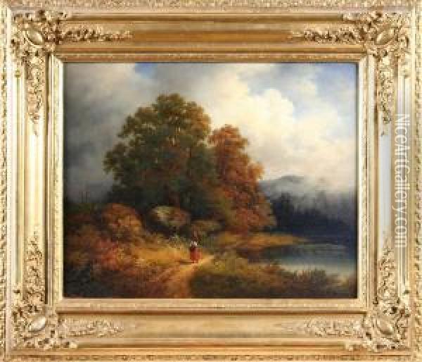 Landskap Med Vandrande Flicka, Signerade T. Billing 1850 Oil Painting - Lars Teodor Billing