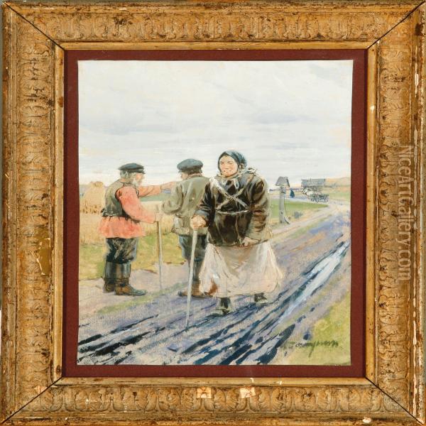 Femalepilgrim On A Russian Countryside Road Oil Painting - Mikhail Abramovich Balunin