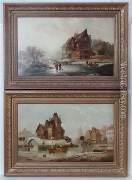 River Frozen Over With Ice Skaters And Buildings: A Lowlands Scene Possibly Coblenz On The Rhine (pair) Oil Painting - George Gregory