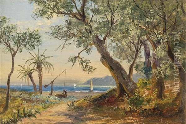 Strandausblick Aufs Meer Mit Segelschiffen Oil Painting - Giacomo Varese