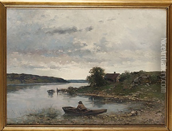 Insjolandskap Med Man I Eka Oil Painting - Johan Severin Nilsson