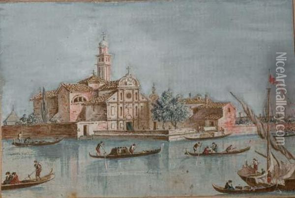 Vue De L'ile San Clemente Au Large De Venise, Des Gondoles Au Premier Plan Oil Painting - Giacomo Guardi