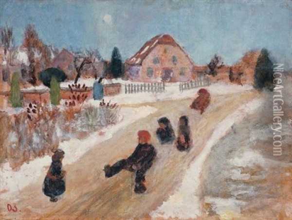 Winterlandschaft Mit Schlittenfahrenden Kindern Oil Painting - Paula Modersohn-Becker