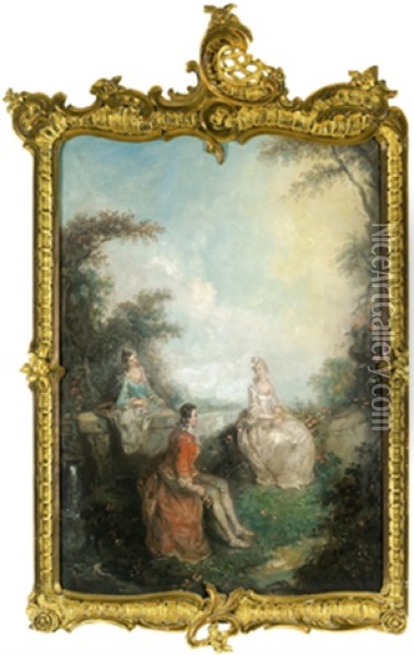 Ein Junger Kavalier Mit Zwei Damen In Einem Schlosspark (+ Ein Junger Kavalier Und Zwei Damen Mit Blumen; Pair) Oil Painting - Siren Laessoe Lange