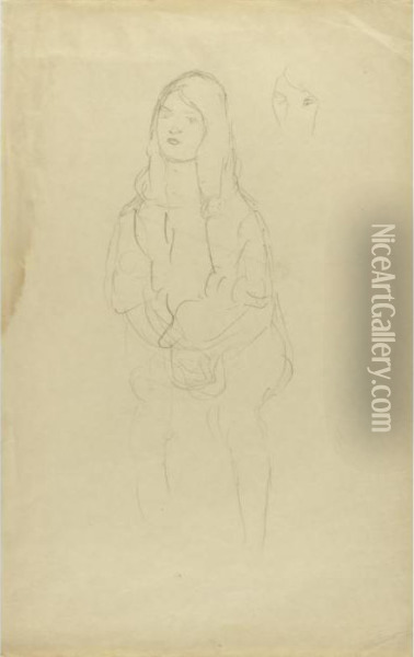 Sitzendes Madchen Nach Links, 
Kopfweiderholung (study For Portrait Of Mada Primavesi, Seated With 
Crossed Hands) Oil Painting - Gustav Klimt