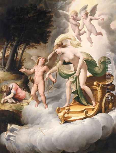 Venus Led by Cupid to Dead Adonis Oil Painting - Jacopo Bertoia