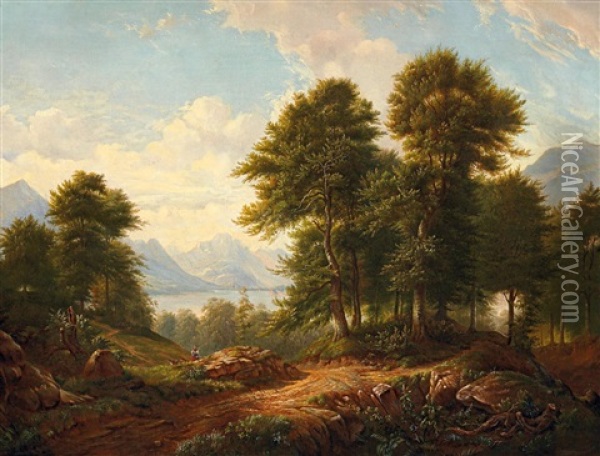 Weite, Gebirgige Landschaft Um Einen Alpensee Oil Painting - Gustav Barbarini