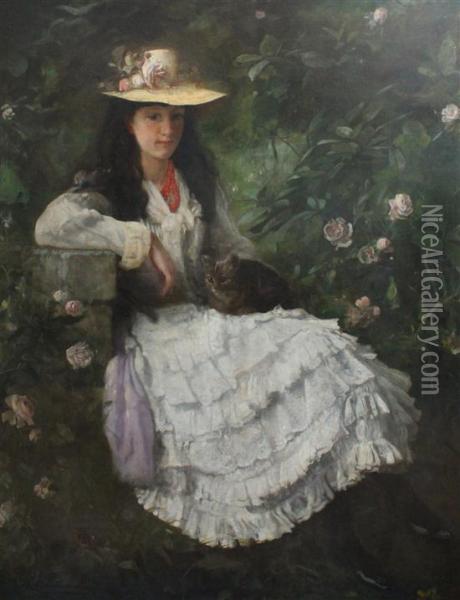 Young Lady Seated With A Cat In A Rose Garden Oil Painting - Arthur Dampier May