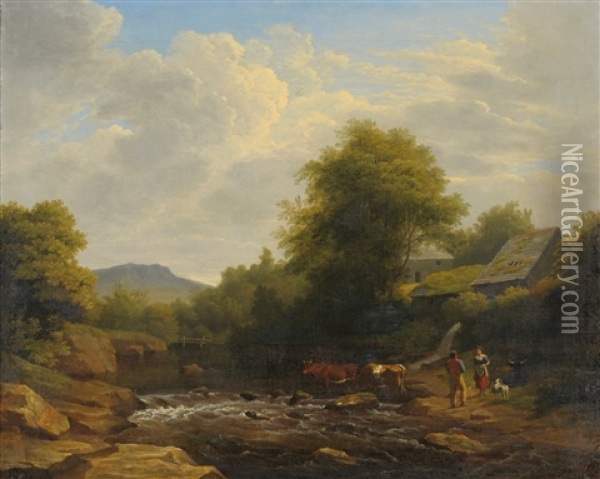 River Landscape With A Drover And Cattle Oil Painting - Philip Hutchins Rogers