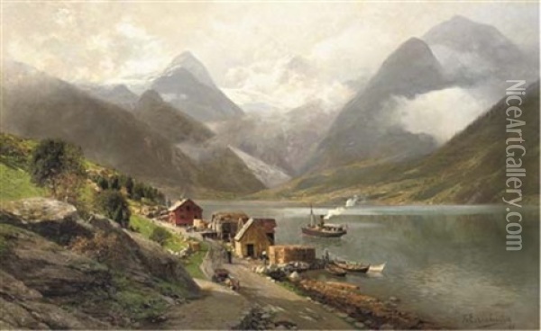 Am Fjerlands-fjord - A Village By A Fjord Oil Painting - Karl Paul Themistocles von Eckenbrecher