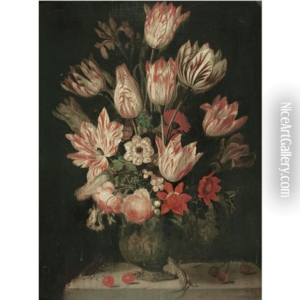A Still Life Of Tulips And Other Flowers In A Vase On A Marble Ledge, With A Green Lizard Oil Painting - Jacob Marrel