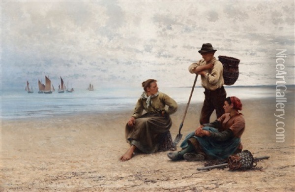 Konversation Vid Havet Oil Painting - August Vilhelm Nikolaus Hagborg
