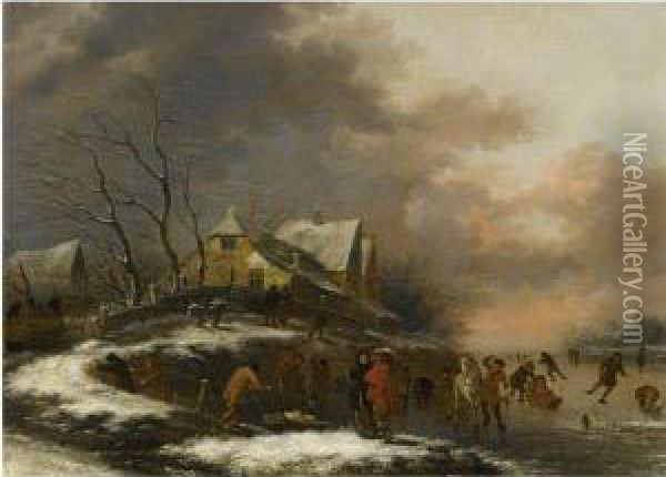 A Winter Landscape With Figures Skating On A Frozen River By Avillage Oil Painting - Claes Molenaar (see Molenaer)