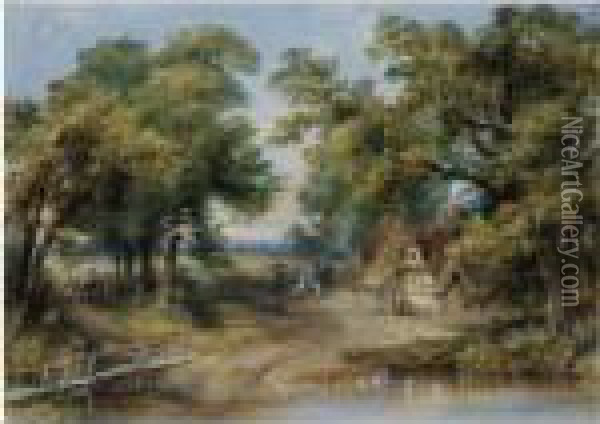 Figures Outside A Country Cottage Oil Painting - Thomas Colman Dibdin