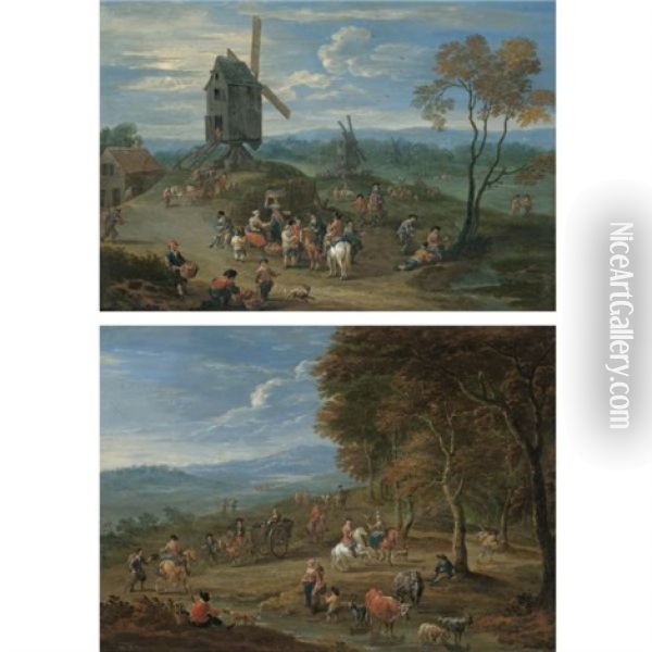 An Extensive Landscape With Peasants Selling Fruit Before A Series Of Windmills (+ A Landscape With Travellers Passing By The Edge Of A Forest; Pair) Oil Painting - Mathys Schoevaerdts