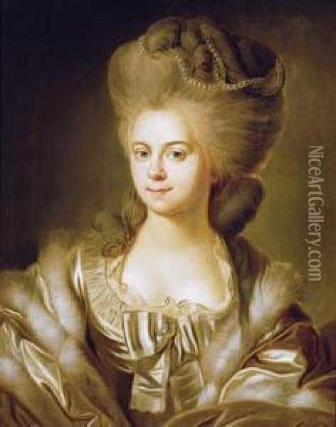 Portrait Of A Lady, Bust-length, In A Silver Silk Dress Oil Painting - Johann Baptist Ii Lampi