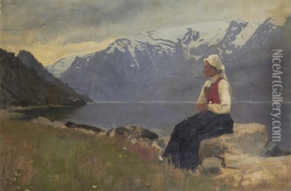 Fjord Landscape With Girl Seated On A Rock Oil Painting - Hans Dahl