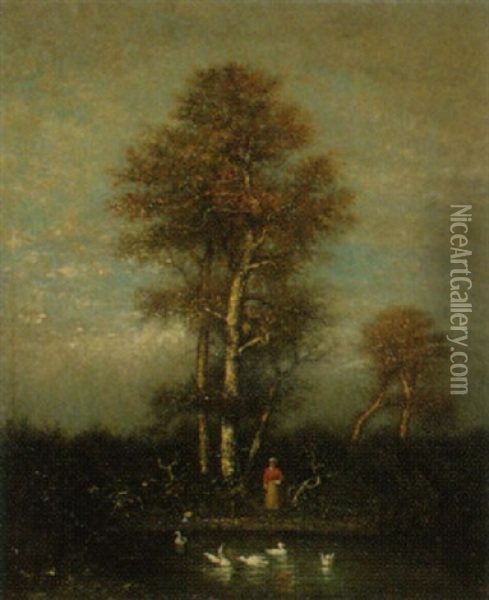 Teichlandschaft Mit Enten Futternder Frau Oil Painting - Louis-Emile Lapierre