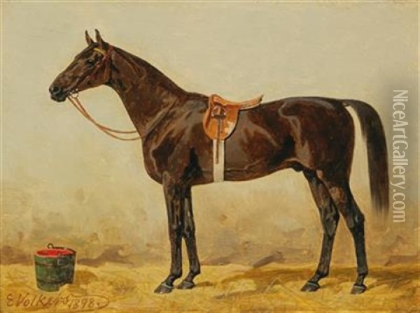 Black Horse In The Stable Oil Painting - Emil Volkers