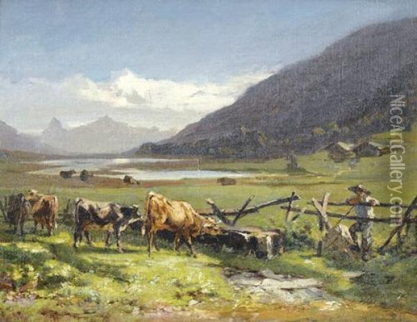 Alplandschaft Mit Kuhen Und Hirten Oil Painting - Friedrich Zimmermann