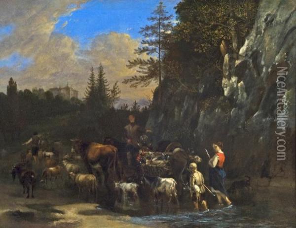 Landscape With Figures Herding Oil Painting - Philip Jacques de Loutherbourg