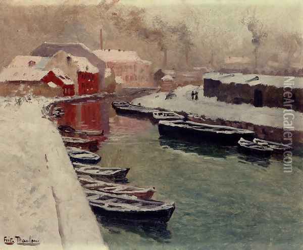 A Snowy Harbor View Oil Painting - Fritz Thaulow